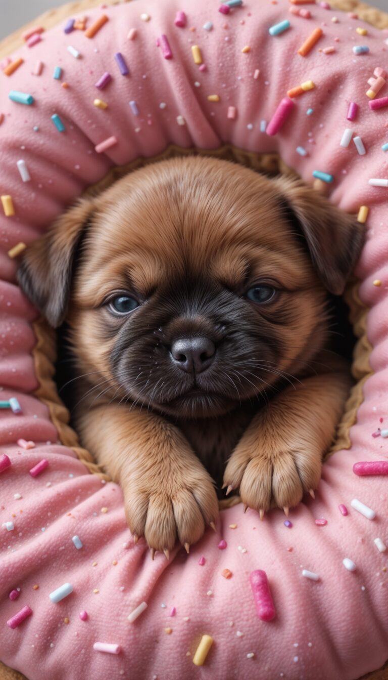 Chubby_Puppy_Snuggled_In_Donut_Shaped_Pillow_With_Sprinkles_Cute_Wallpaper_For_Phone
