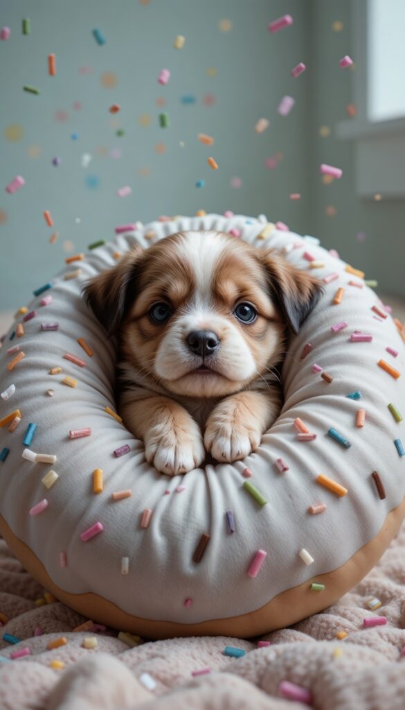 Chubby_Puppy_Snuggled_In_Donut_Shaped_Pillow_With_Sprinkles_Cute_Wallpaper_For_Phone