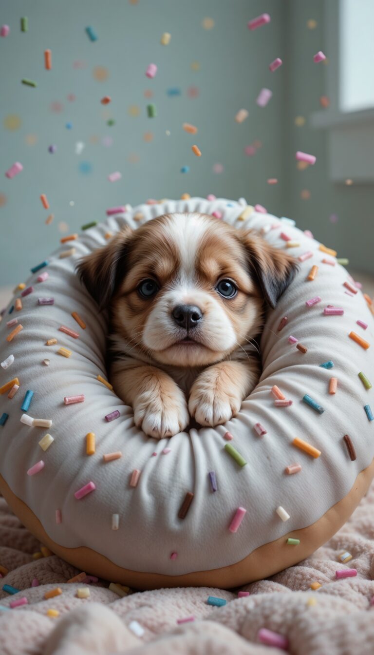 Chubby_Puppy_Snuggled_In_Donut_Shaped_Pillow_With_Sprinkles_Cute_Wallpaper_For_Phone