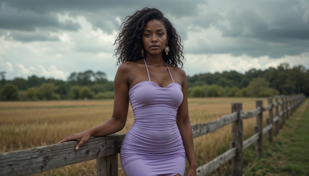 Black_Girl_In_Lavender_Ruched_Bodycon_Dress_Leaning_On_Wooden_Fence_In_Countryside_Bodycon_Dress_Photoshoot_Poses