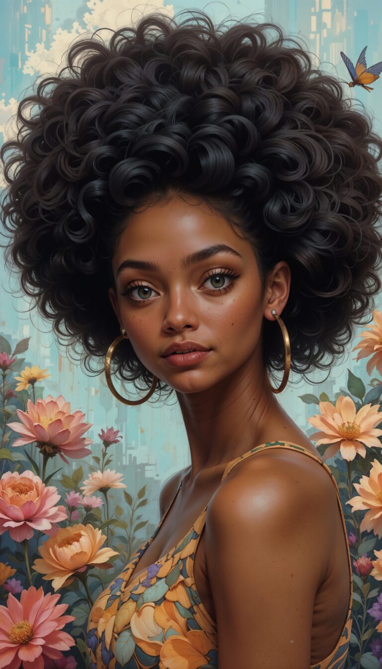 Confident_Girl_With_Afro_Curls_Gold_Hoop_Earrings_And_Abstract_Flower_Background_Digital_Painting_mobile_phone_wallpaper_HD_Best_Wallpapers_for_Girls
