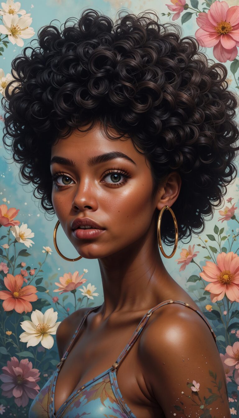 Confident_Girl_With_Afro_Curls_Gold_Hoop_Earrings_And_Abstract_Flower_Background_Digital_Painting_mobile_phone_wallpaper_HD_Best_Wallpapers_for_Girls