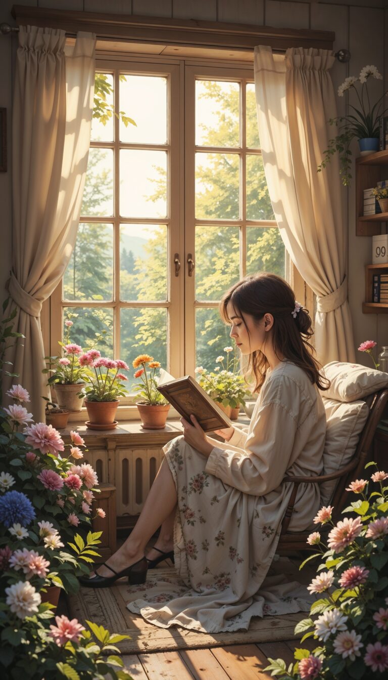 Cottagecore_Girl_Reading_By_The_Window_With_Flowers_Plants_And_Warm_Light_mobile_phone_wallpaper_HD_Best_Wallpapers_for_Girls