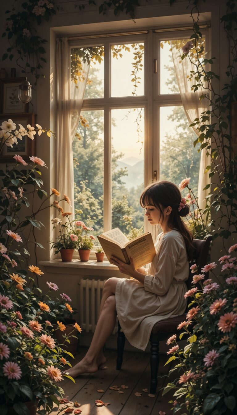 Cottagecore_Girl_Reading_By_The_Window_With_Flowers_Plants_And_Warm_Light_mobile_phone_wallpaper_HD_Best_Wallpapers_for_Girls