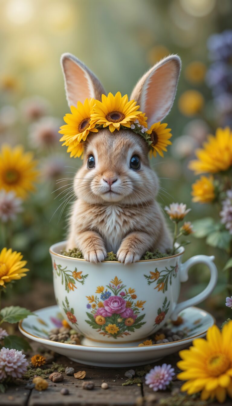 Cuddly_Bunny_With_Sunflower_Crown_In_Teacup_Garden_Cute_Wallpaper_For_Phone