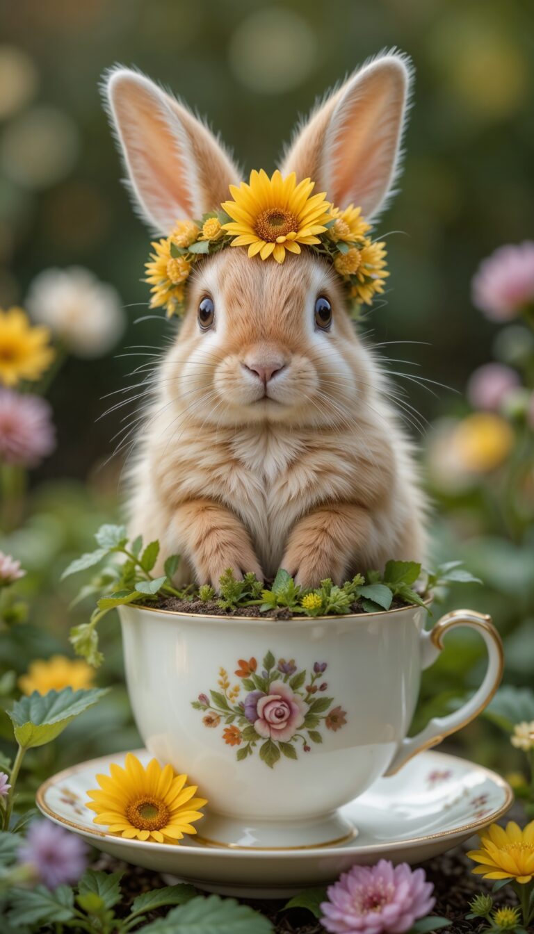 Cuddly_Bunny_With_Sunflower_Crown_In_Teacup_Garden_Cute_Wallpaper_For_Phone