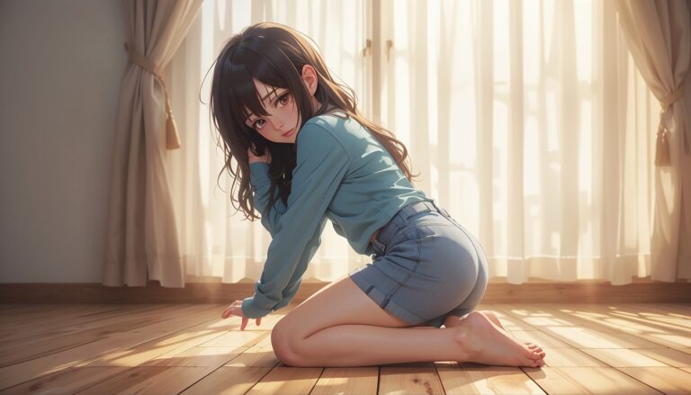 Curvy_Anime_Girl_Crying_Hugging_Knees_On_Wooden_Floor_With_Soft_Sunlight_Image_Of_Sad_Anime
