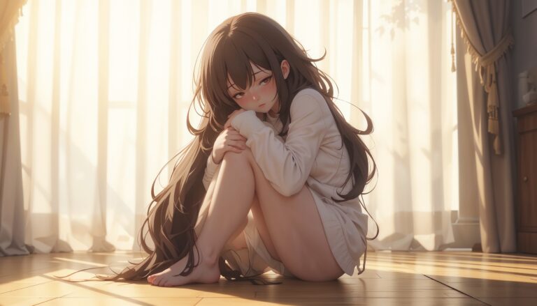 Curvy_Anime_Girl_Crying_Hugging_Knees_On_Wooden_Floor_With_Soft_Sunlight_Image_Of_Sad_Anime