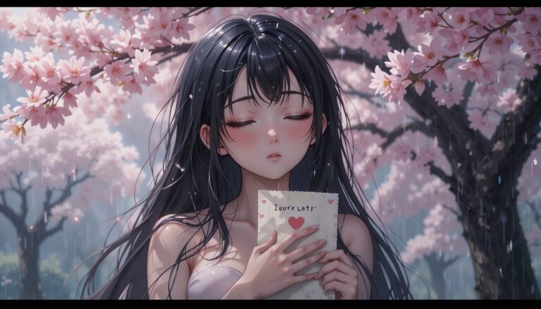 Curvy_Anime_Girl_In_Rain_Clutching_Love_Letter_Under_Cherry_Blossom_Tree_Image_Of_Sad_Anime