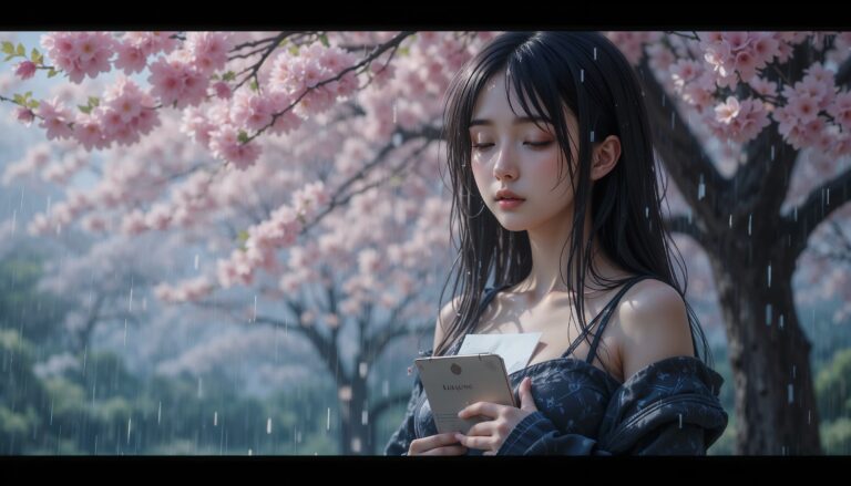 Curvy_Anime_Girl_In_Rain_Clutching_Love_Letter_Under_Cherry_Blossom_Tree_Image_Of_Sad_Anime