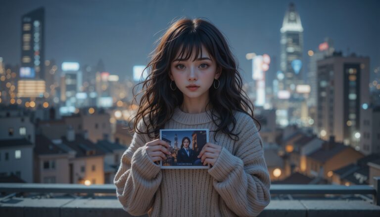Curvy_Anime_Girl_On_Rooftop_In_Sweater_Holding_Photo_With_City_Lights_Image_Of_Sad_Anime