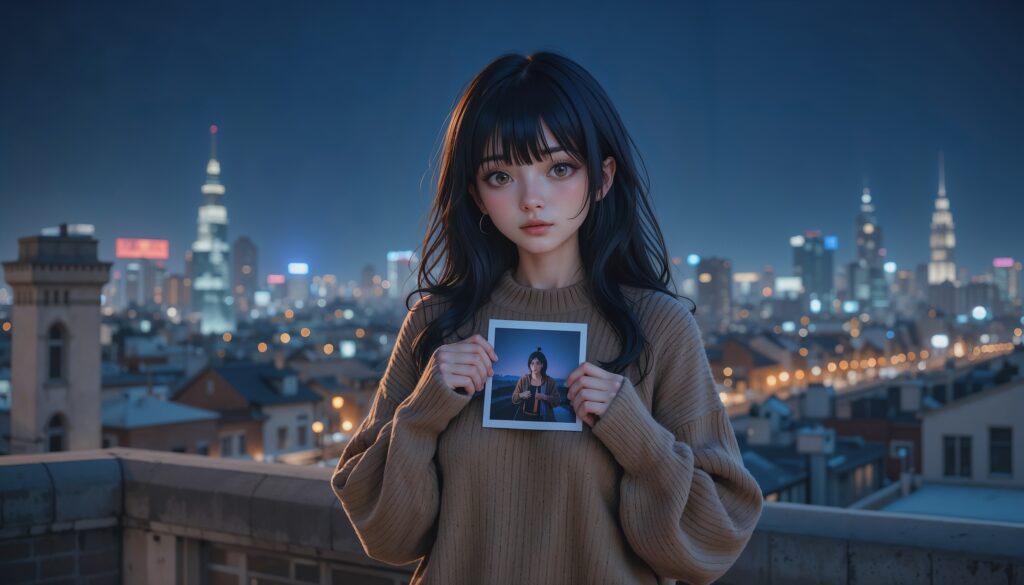 Rooftop Memories – A Silent Goodbye 1 Curvy_Anime_Girl_On_Rooftop_In_Sweater_Holding_Photo_With_City_Lights_Image_Of_Sad_Anime