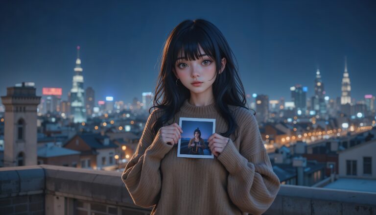 Curvy_Anime_Girl_On_Rooftop_In_Sweater_Holding_Photo_With_City_Lights_Image_Of_Sad_Anime