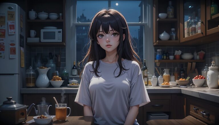 Curvy_Anime_Girl_In_T_Shirt_Sitting_In_Dark_Kitchen_At_Midnight_With_Tea_Image_Of_Sad_Anime