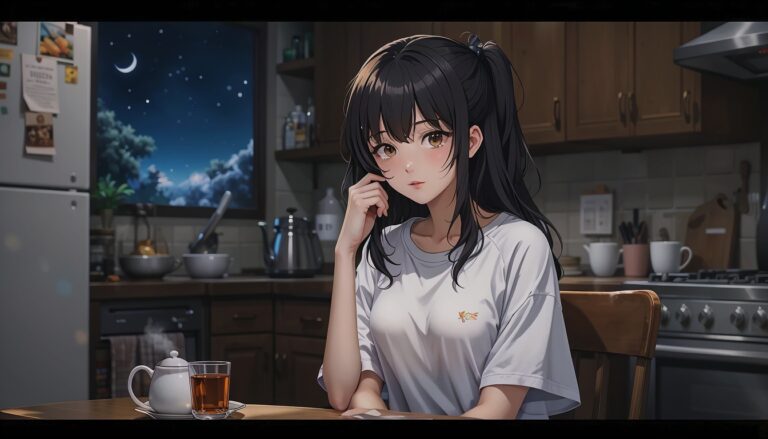 Curvy_Anime_Girl_In_T_Shirt_Sitting_In_Dark_Kitchen_At_Midnight_With_Tea_Image_Of_Sad_Anime