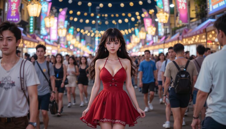 Curvy_Anime_Girl_In_Red_Dress_Alone_In_Night_Festival_With_Blurred_Lights_Image_Of_Sad_Anime