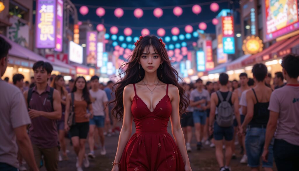 Alone in the Lights – A Festival Without Joy 1 Curvy_Anime_Girl_In_Red_Dress_Alone_In_Night_Festival_With_Blurred_Lights_Image_Of_Sad_Anime