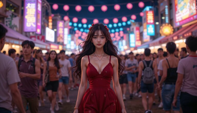 Curvy_Anime_Girl_In_Red_Dress_Alone_In_Night_Festival_With_Blurred_Lights_Image_Of_Sad_Anime