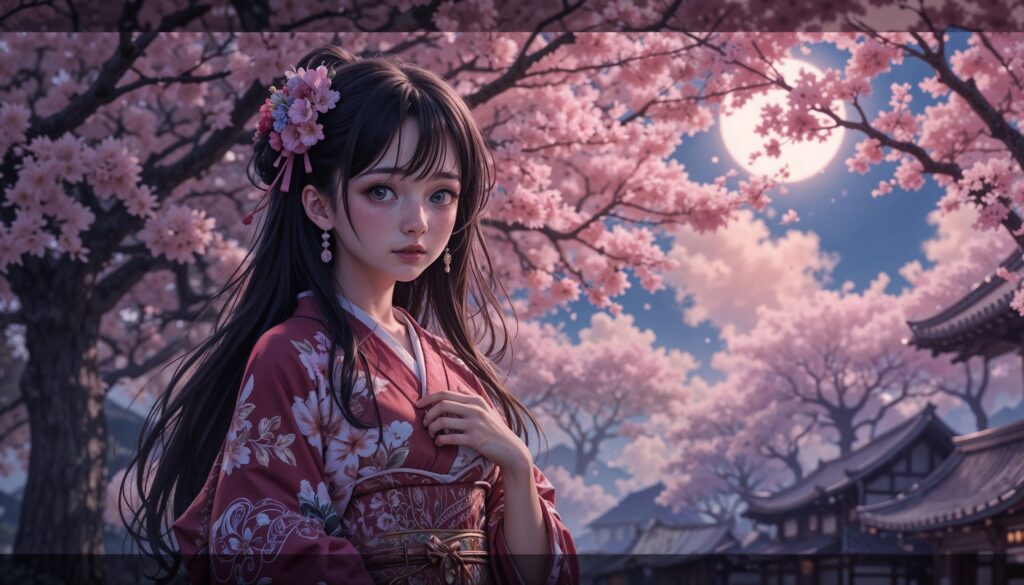 Curvy_Anime_Girl_Crying_In_Kimono_Under_Cherry_Blossoms_At_Night_Image_Of_Sad_Anime