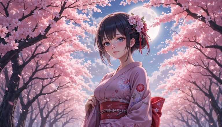 Curvy_Anime_Girl_Crying_In_Kimono_Under_Cherry_Blossoms_At_Night_Image_Of_Sad_Anime