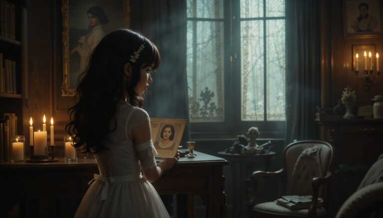Curvy_Anime_Girl_In_Lace_Dress_Looking_At_Photo_In_Candlelight_Image_Of_Sad_Anime