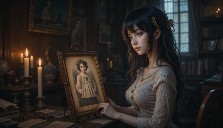 Curvy_Anime_Girl_In_Lace_Dress_Looking_At_Photo_In_Candlelight_Image_Of_Sad_Anime