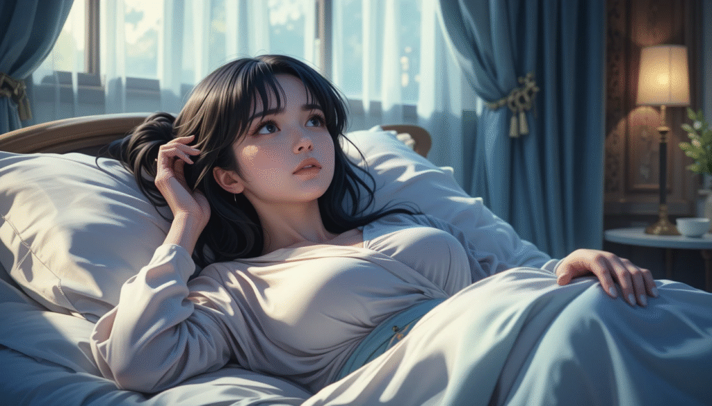 Curvy_Anime_Girl_In_Silk_Robe_Lying_Alone_In_Bed_With_Tear_Image_Of_Sad_Anime
