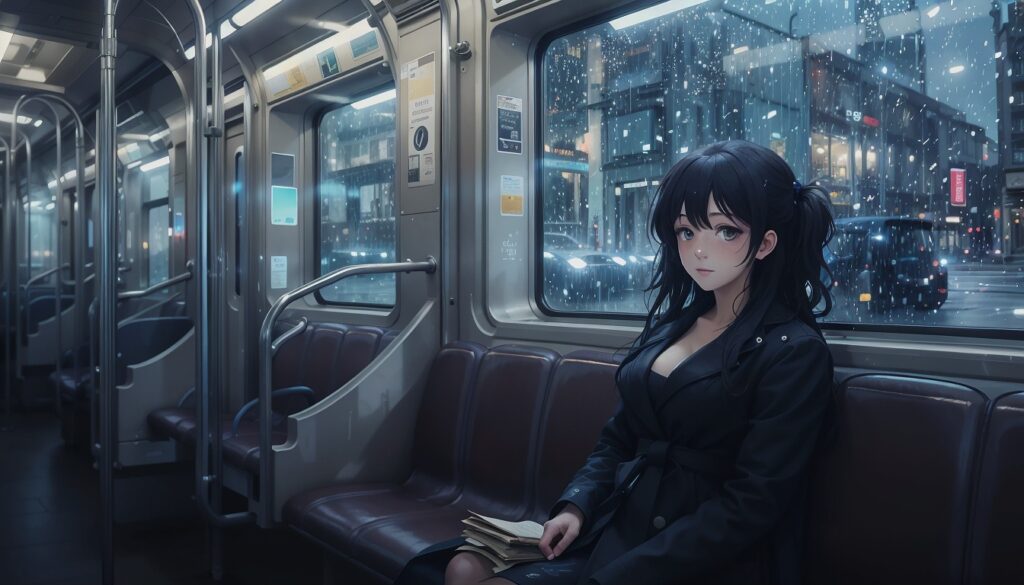 Journey of Silence – Tears on the Window 1 Curvy_Anime_Girl_In_Black_Coat_Sitting_Alone_In_Night_Train_Looking_Out_Rainy_Window_Image_Of_Sad_Anime