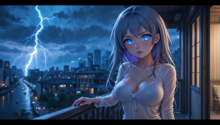 Curvy_Anime_Girl_Crying_On_Balcony_In_Transparent_White_Shirt_Thunderstorm_Backdrop_Image_Of_Sad_Anime