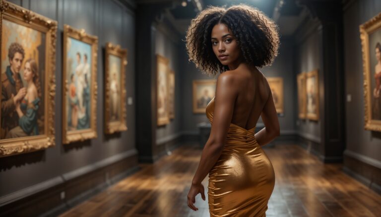 Curvy_Model_With_Afro_In_Strapless_Gold_Bodycon_Dress_At_Art_Gallery_With_Spotlight_Bodycon_Dress_Photoshoot_Poses