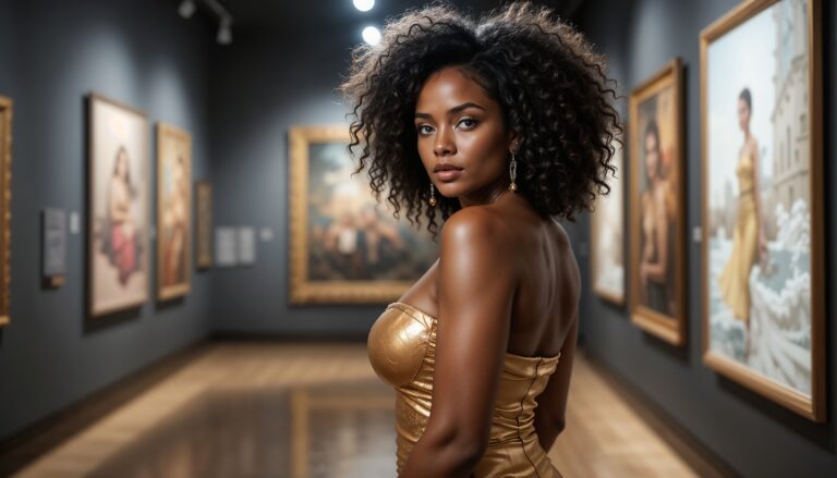 Curvy_Model_With_Afro_In_Strapless_Gold_Bodycon_Dress_At_Art_Gallery_With_Spotlight_Bodycon_Dress_Photoshoot_Poses