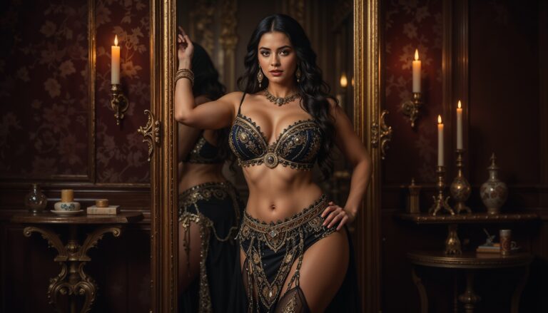 Curvy_Belly_DancerIn_Black_And_Shiny_Golden_Outfit_By_Mirror_Candlelight_Studio_mobile_phone_wallpaper_HD