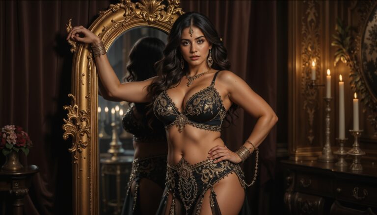 Curvy_Belly_DancerIn_Black_And_Shiny_Golden_Outfit_By_Mirror_Candlelight_Studio_mobile_phone_wallpaper_HD