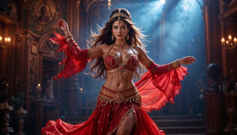 Curvy_Belly_Dancer_In_Red_Arabic_Costume_With_Voluptuous_Figure_Hips_42_Waist_30_Chest_40_Gracefully_Dancing_In_Studio_Lighting_mobile_phone_wallpaper_HD
