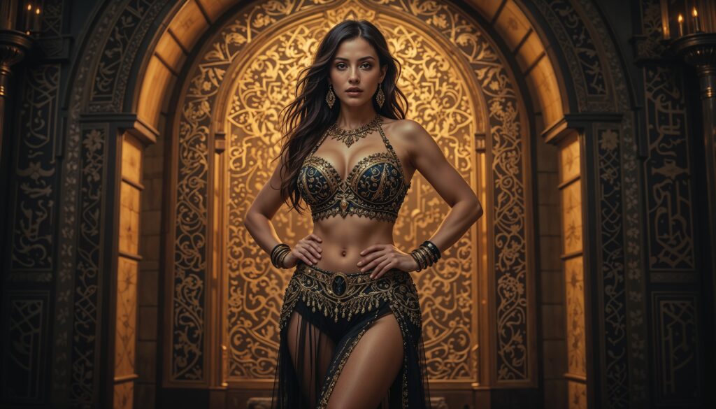 Curvy_Belly_Dancer_In_Sheer_Golden_Outfit_In_Arabic_Patterned_Studio_mobile_phone_wallpaper_HD