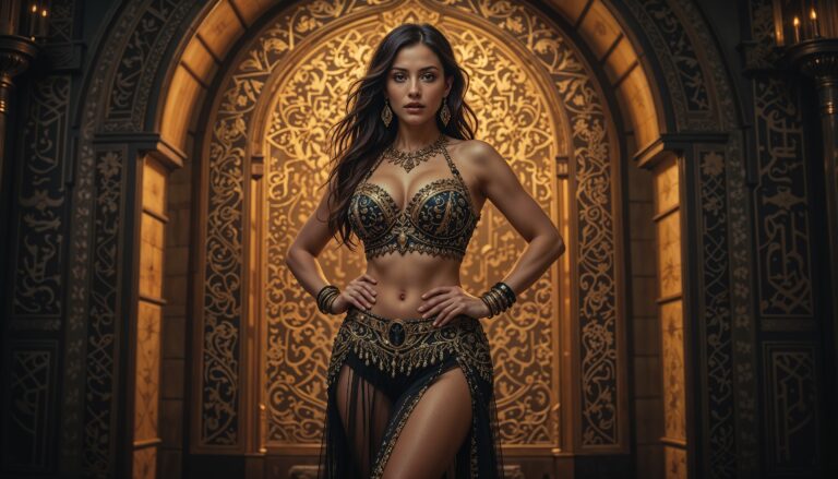 Curvy_Belly_Dancer_In_Sheer_Golden_Outfit_In_Arabic_Patterned_Studio_mobile_phone_wallpaper_HD