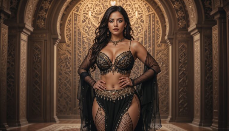 Curvy_Belly_Dancer_In_Sheer_Golden_Outfit_In_Arabic_Patterned_Studio_mobile_phone_wallpaper_HD