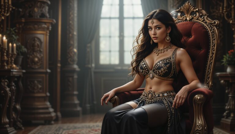 Curvy_Belly_Dancer_On_Velvet_Throne_Wearing_Shiny_Golden_And_Black_Ensemble_mobile_phone_wallpaper_HD