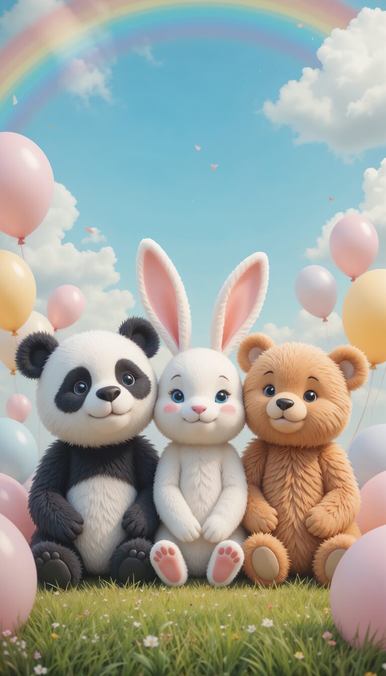 Cute_Animal_Friends_Panda_Bunny_And_Bear_With_Pastel_Balloons_And_Rainbow_Sky_mobile_phone_wallpaper_HD_Best_Wallpapers_for_Girls