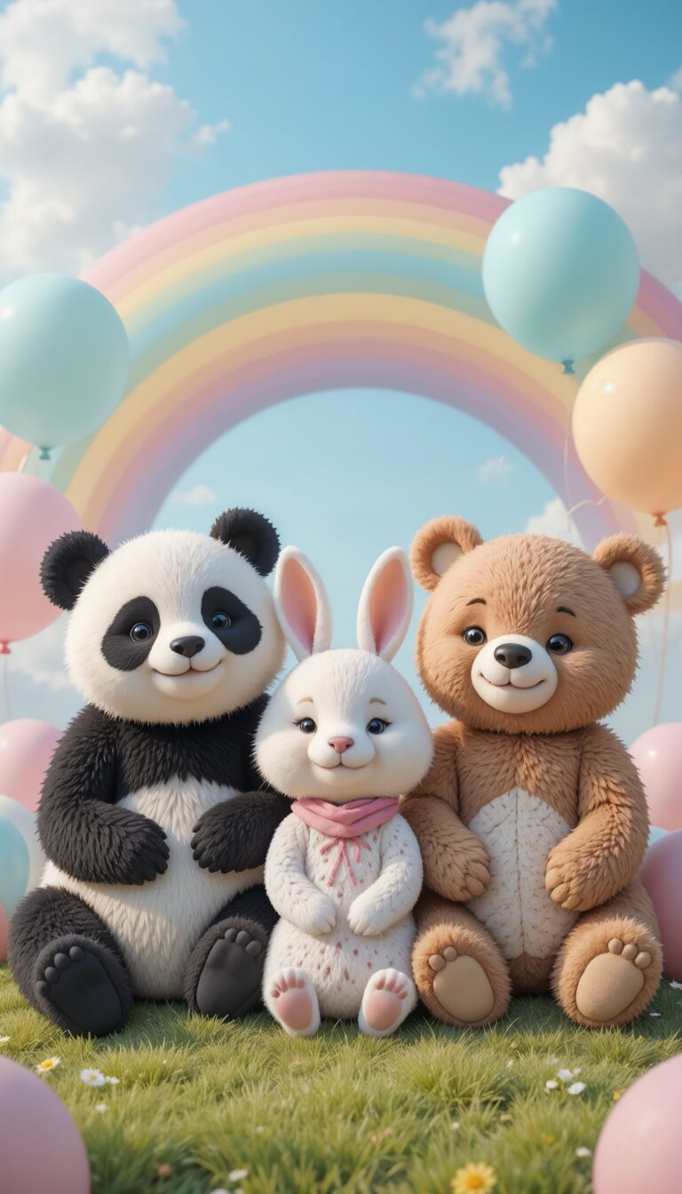 Cute_Animal_Friends_Panda_Bunny_And_Bear_With_Pastel_Balloons_And_Rainbow_Sky_mobile_phone_wallpaper_HD_Best_Wallpapers_for_Girls