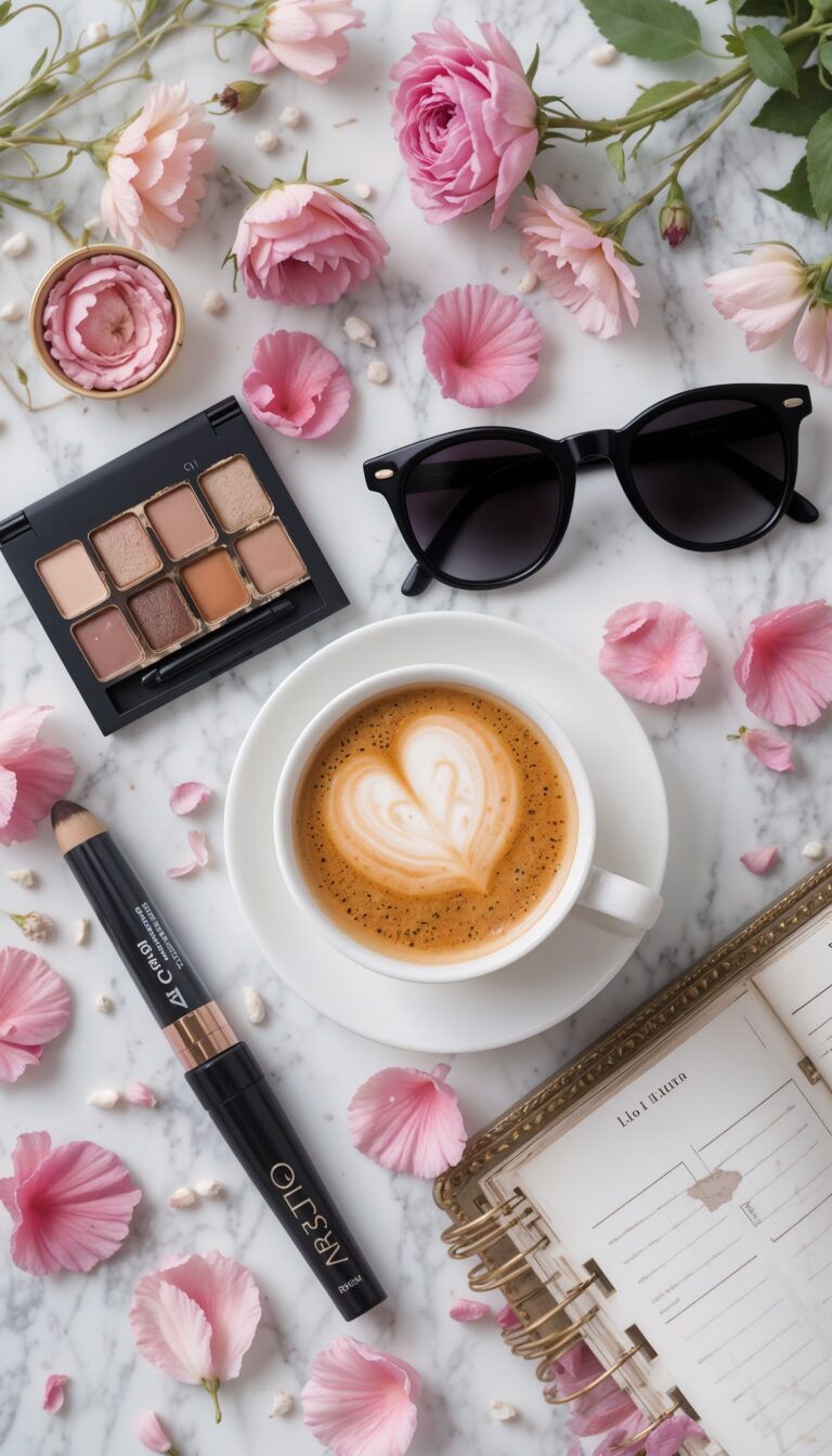 Cute_Flat_Lay_Of_Makeup_Sunglasses_Coffee_Planner_And_Flowers_On_Marble_Background_mobile_phone_wallpaper_HD_Best_Wallpapers_for_Girls