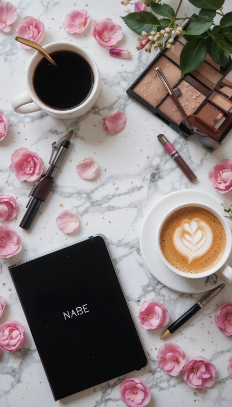 Cute_Flat_Lay_Of_Makeup_Sunglasses_Coffee_Planner_And_Flowers_On_Marble_Background_mobile_phone_wallpaper_HD_Best_Wallpapers_for_Girls