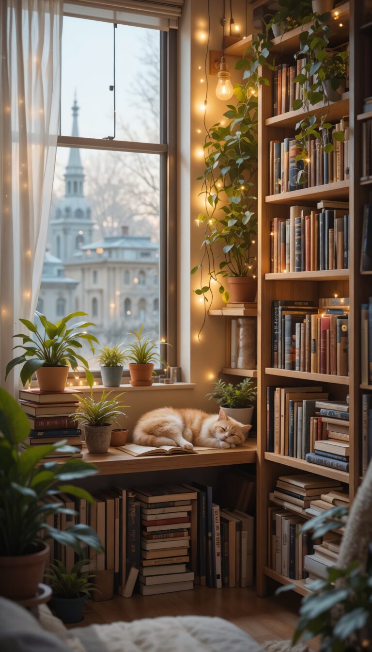 Dreamy_Bookshelf_With_Fairy_Lights_Stacked_Books_Plants_And_Sleeping_Cat_Cozy_Reading_Nook_mobile_phone_wallpaper_HD_Best_Wallpapers_for_Girls
