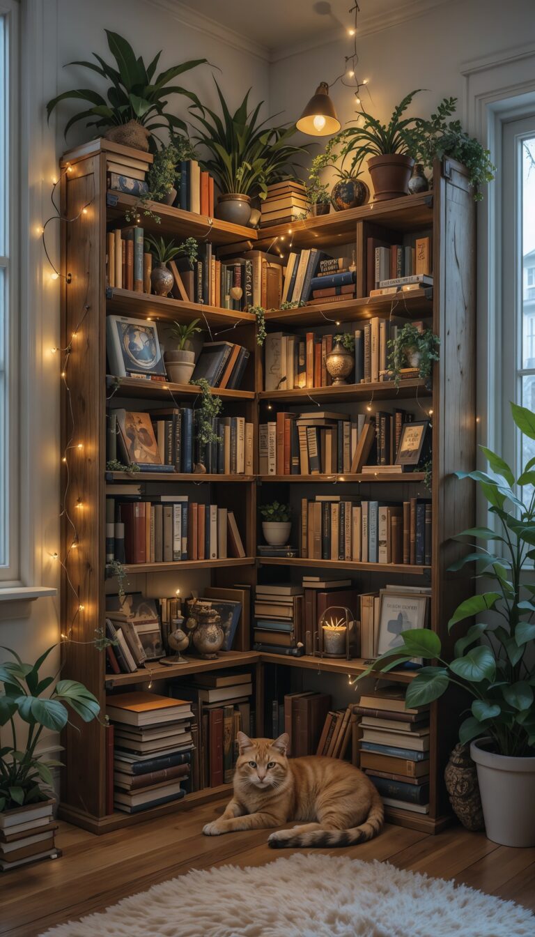 Dreamy_Bookshelf_With_Fairy_Lights_Stacked_Books_Plants_And_Sleeping_Cat_Cozy_Reading_Nook_mobile_phone_wallpaper_HD_Best_Wallpapers_for_Girls