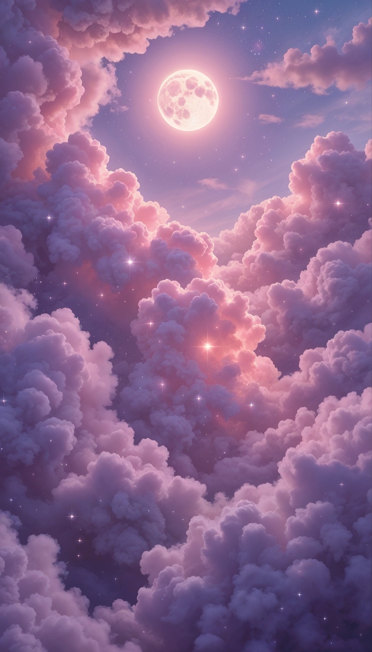 Dreamy_Cloudscape_In_Pink_Lavender_With_Sparkles_And_Moon_mobile_phone_wallpaper_HD
