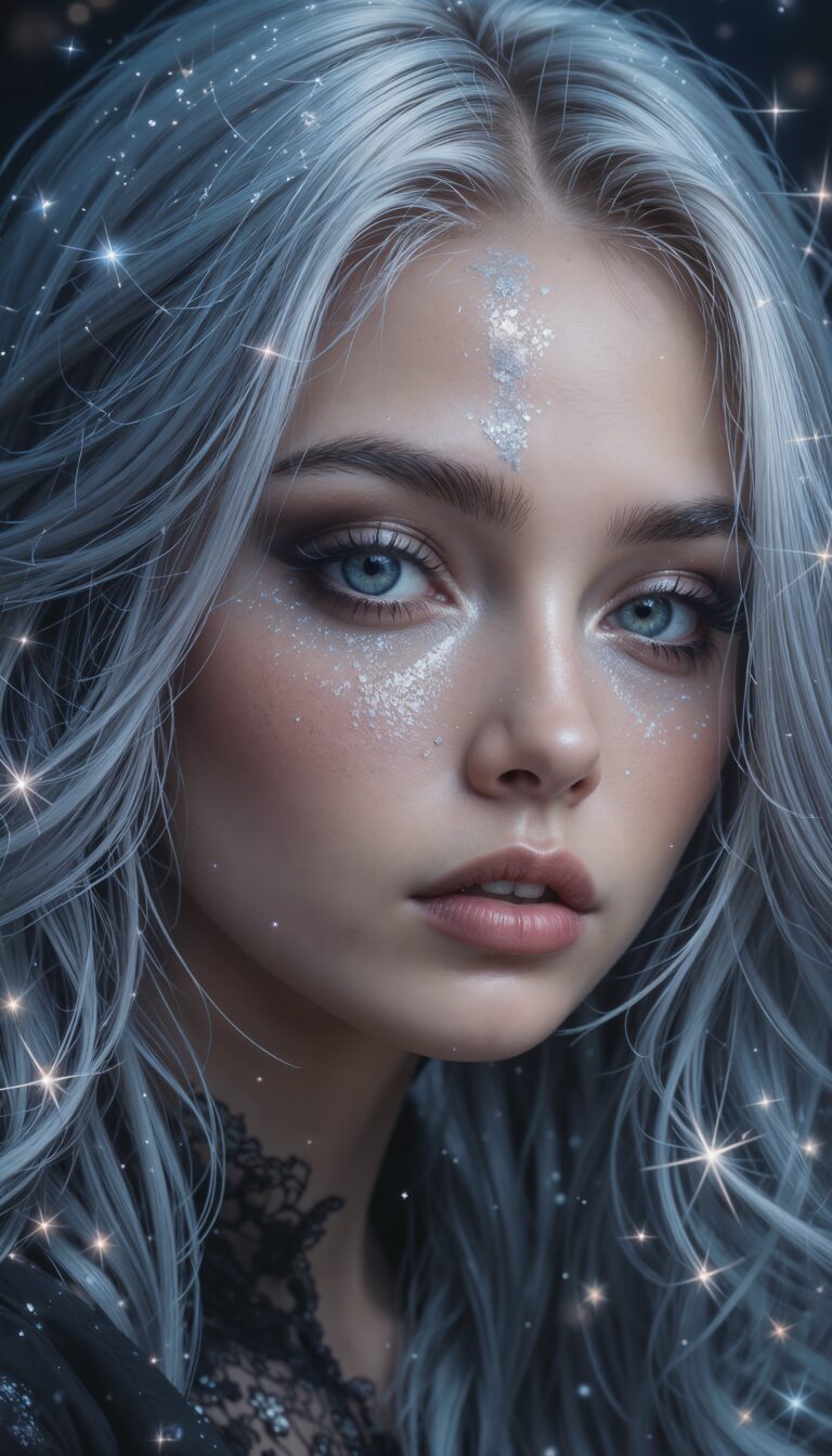 Fantasy_Portrait_Of_Girl_With_Silver_Hair_Glittery_Eyeshadow_And_Floating_Stars_Around_Face_mobile_phone_wallpaper_HD_Best_Wallpapers_for_Girls