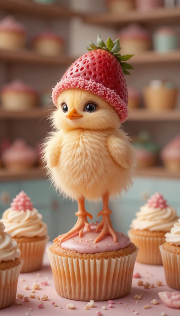 Fluffy_Chick_Wearing_Strawberry_Hat_On_Cupcake_In_Pastel_Bakery_Cute_Wallpaper_For_Phone