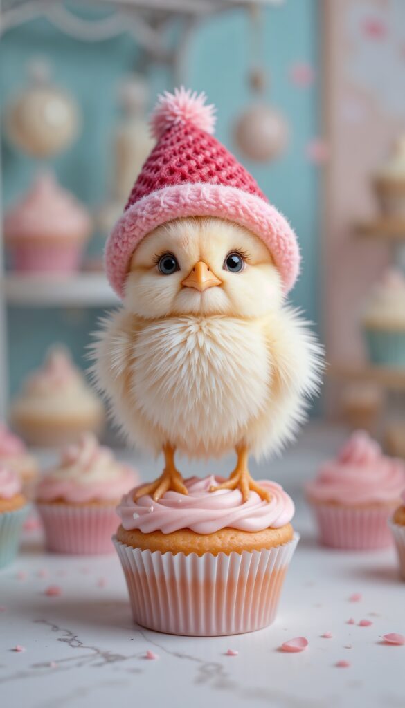 Fluffy_Chick_Wearing_Strawberry_Hat_On_Cupcake_In_Pastel_Bakery_Cute_Wallpaper_For_Phone