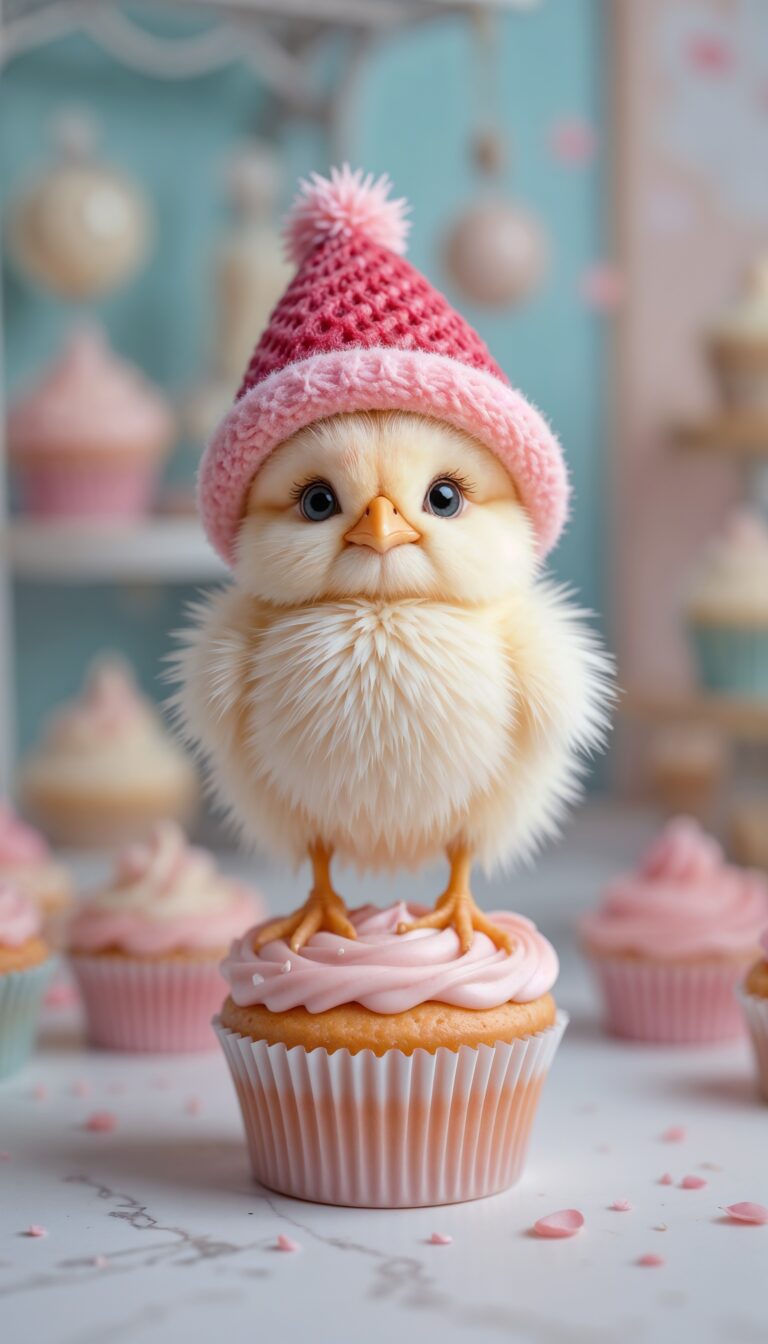 Fluffy_Chick_Wearing_Strawberry_Hat_On_Cupcake_In_Pastel_Bakery_Cute_Wallpaper_For_Phone