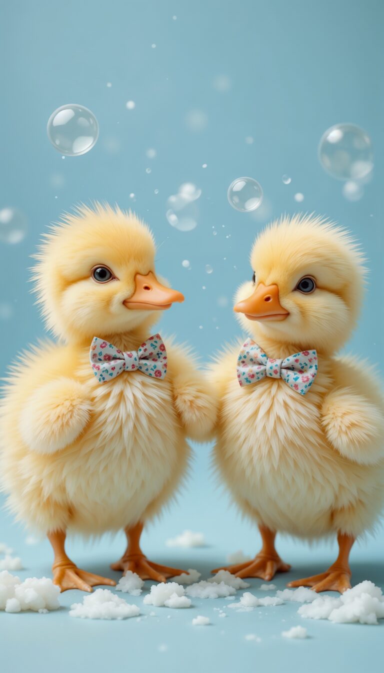 Fluffy_Ducklings_In_Bowties_Playing_With_Soap_Bubbles_On_Blue_Background_Cute_Wallpaper_For_Phone